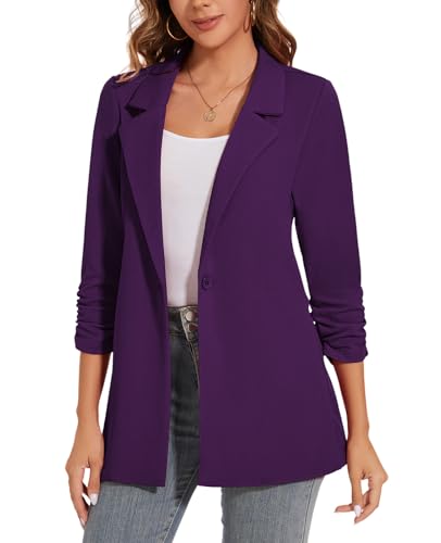 Women's Long Blazer Jackets Button Front Lapel Ruched 3/4 Sleeve Business Casual Office Work Lightweight Blazers 6