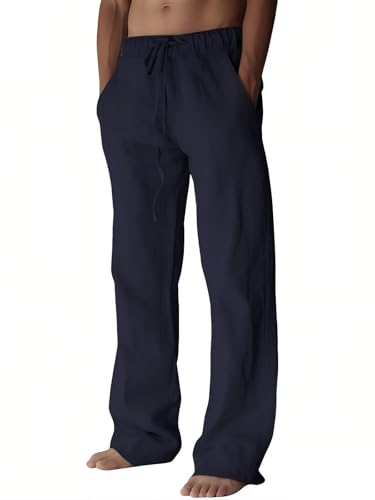 Image of PIDOGYM Mens Cotton Linen Pants Beach Casual Pajama Pants with Pockets | Elastic Waist Drawstring, Lightweight, Wide Leg Loose Design, Vacation Summer Outfits, Baggy Dress Trousers, Yoga for Women