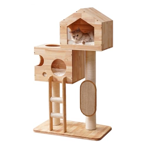 Torre para gatos moderna de madera sólida con casa y rascador miniatura 1