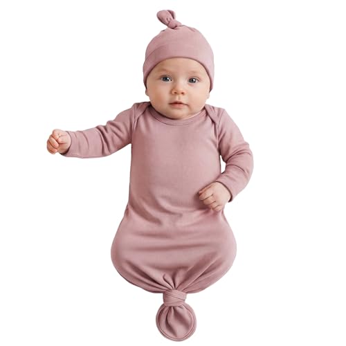 Image of Mikccer Newborn Knotted Baby Gowns, Long Sleeve Infant Sleeper with Mitten Cuffs, Baby Girl Hospital Outfit Coming Home Gown, 0-6 Months, Pink