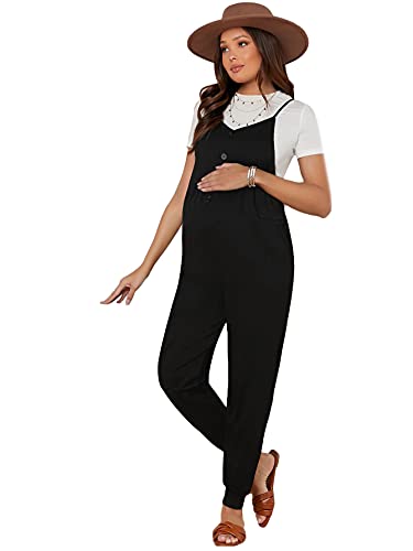 Image of MakeMeChic Women's Maternity Jumpsuit Sleeveless Drawstring Waist Overall Jumpsuits Black A M