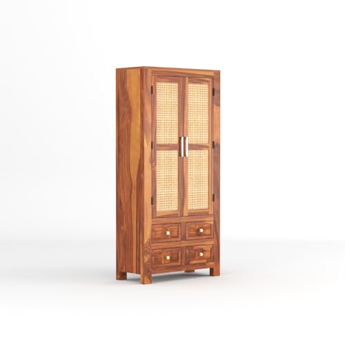 Image of PS DECOR Solid Sheesham Wood Book Shelf Cabinet with Cane Rattan Doors & 4 Drawers | Modern Wooden Bookshelf Storage Unit for Home Library, Living Room & Office (Honey Finish)