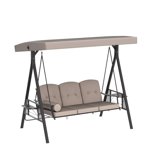 Image of Invezo Luxury Outdoor Garden Swing 3 Seater Jhula with Cushion and Waterproof Roof (Jhula for Adults, Outdoor Swing for Kids) Cup Holder and Round Pillow, Khaki Color
