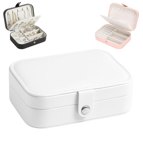 Porta Joias Organizadora Bijuterias Portátil para Viagem Caixa Maleta Estojo Organização Aneis Prata Ouro Acessórios Brincos com Botão Couro PU com Divisórias (Branco)