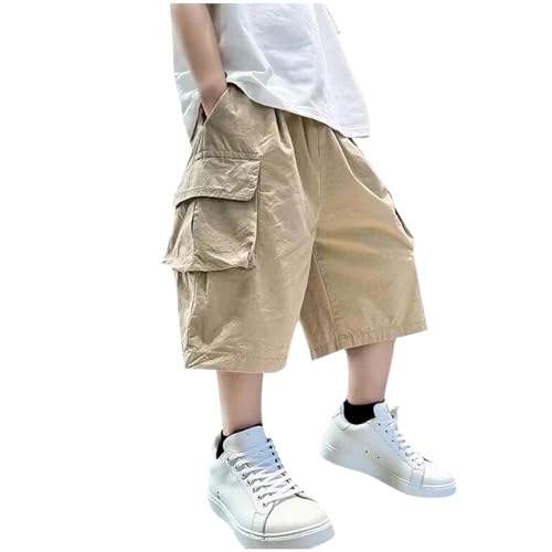 Boys Cargo Shorts Knee Length Wide Leg Bermuda Shorts Summer Casual Solid Elastic Waist Long Short Pants with Pockets