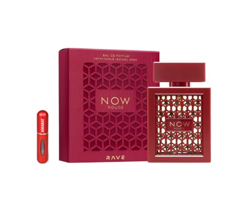 Rave Now Rouge Eau de Parfum 100ml, Perfume Árabe Unisex de Larga Duración Incluye Atomizador Recargable, Fragancia Oriental Duradera con Notas de Iris, Resinas, Sándalo y Notas Balsámicas (Now Rouge)