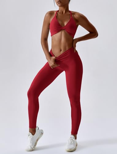Image of ABOCIW Workout Sets for Women Twist Front Halter Sports Bras High Waist Legging 2 Piece Exercise Gym Yoga Outfit