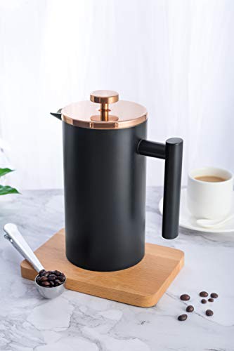 MaxMiuly French Press 1 Litre/8 Cup Cafetiere Black Coffee Press Double Wall Stainless Steel Coffee Maker and Tea Maker with Rose Gold Metal Lid and Extra Replacement Filter Mesh Coaster Mat