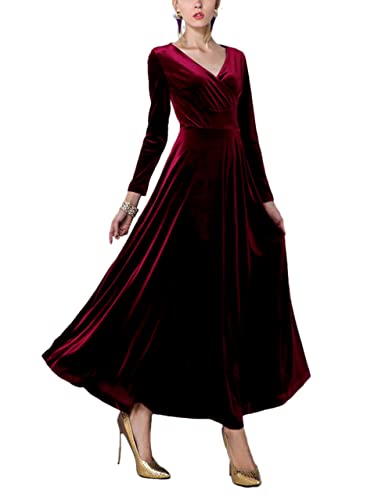 Urban CoCo Women Long Sleeve V-Neck Velvet Stretchy Long Dress