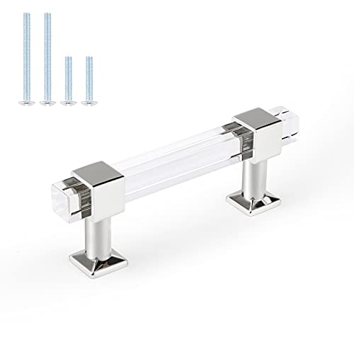 Orger 10 Pack Kitchen Cabinet Handles with Square Clear Tube, 3in Hole Centers Acrylic Cabinet Pulls Zinc Alloy Base Polished Chrome, Drawer Handles for Bathroom Cabinet