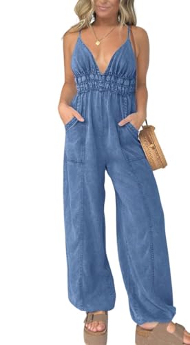 utcoco Womens Smocked Elastic Waist Denim Jumpsuit Sleeveless Adjustable Straps Wide Leg Jeans Overall Jumpsuits (X-Large, Dark Blue)