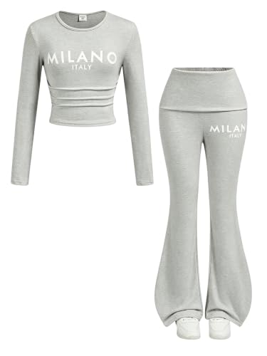 Image of OLMRJKD Girls 2 Piece Outfits Long Sleeve Letter Printed Sweatshirt & Wide Leg Pants Fall Clothing Set Size 7-16 Years