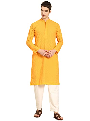 Image of Rajubhai Hargovindas Men Pure Cotton Chikankari Embroidered Straight Kurta