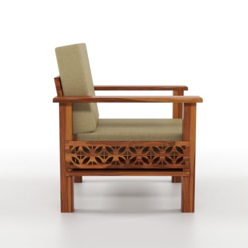 Image of Solid Sheesham Wood 1 Seater Sofa | Modern Wooden Sofa Chair with Upholstered Cushioned Seat & Backrest | Handmade Carved Accent Armchair for Living Room, Bedroom & Office