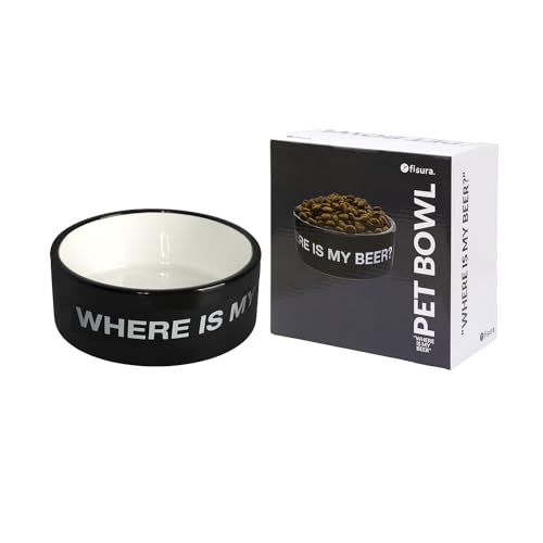 Fisura – Bevandaio per cane originale 'Where is my beer?'. Bevandaio in ceramica nera. Bevandaio da 750 ml per cani di taglia media e grande. Ciotola per cane. Piatto per cane. 16 x 16 x 6 cm.