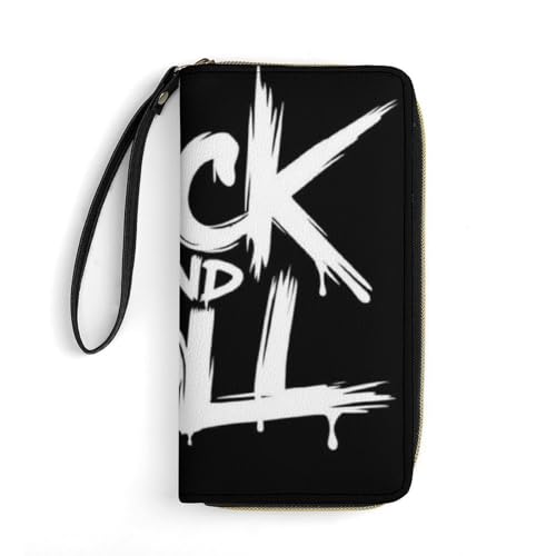 Travel Purse Fashion Design, Huge Storage Capacity Wallet With Rope, Cute Decor Purse, Long PU Zipper Wallet Black And White Rock And Roll Tattoo Print