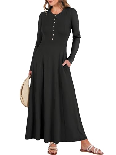 ANRABESS Women's Long Sleeve Maxi Dress 2025 Fall Casual Button Fit & Flare A-Line Swing Flowy Long Dresses Trendy Outfits Black Medium