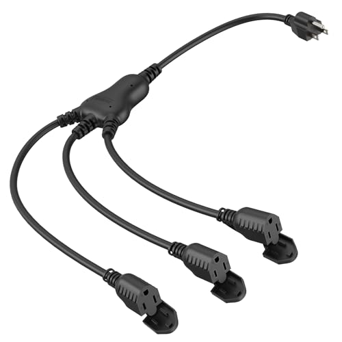 PLUGTUL Outdoor Extension Cord with Multiple Outlets 1 to 3 Splitter Max 1.5FT End to Male Plug (Total 2.8FT) 16/3 SJTW Waterproof Power Cord for Indoor Outdoor Halloween Christmas ETL Listed Black