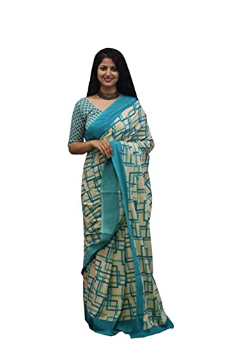 Saree Cotton Mulmul Fabric for Women's Jaipuri Block Print with Blouse101-10171