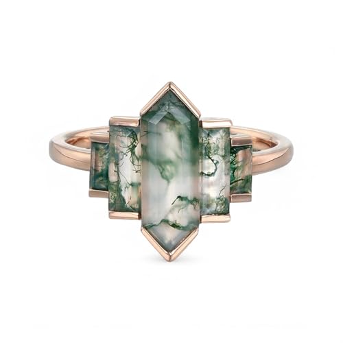 Natural Hexagon Cut Moss Agate Ring 14K Rose Gold Promise Ring April Birthstone Gift Art Deco Baguette Bridal Jewelry For Women BY COSMICJEWELCRAFTS