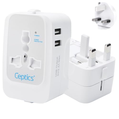 Image of Ceptics Universal UK Travel Adapter, 3 in 1 Type G Plug Adapter, Universal Travel Accessories 2 USB 2.4A, 100-240 Voltage Travel Charger, Universal Charger Adapter, White