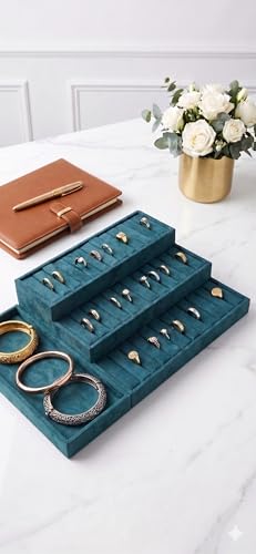 Image of Luxury Velvet Jewelry Organizer Tray for Watch Sunglasses Bangles Earrings Rings Chains Necklace & Others Storage Display Tray (Green, 3 Step Kada Green)