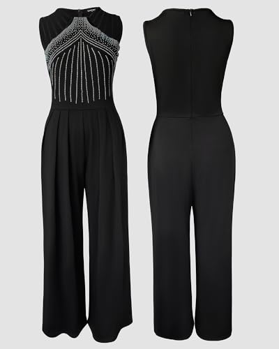 CHICME Women's One Piece Jumpsuit Rhinestone Cutout Ruched Wide Leg Jumpsuit Overall Long Pants-bk-M