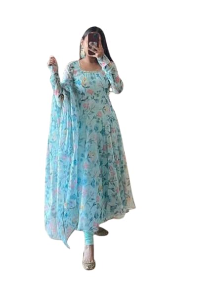 Indian Glory Women’s Sky Blue Georgette Printed Flared Long Dress – Stunning Ethnic Wear for Women