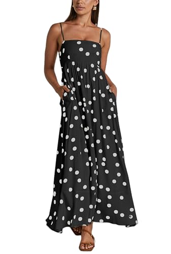 Image of Yuemengxuan Boho Maxi Dresses for Women Spaghetti Strap Flowy Smocked Long Dress Casual Summer Vacation Beach Maxi Dress