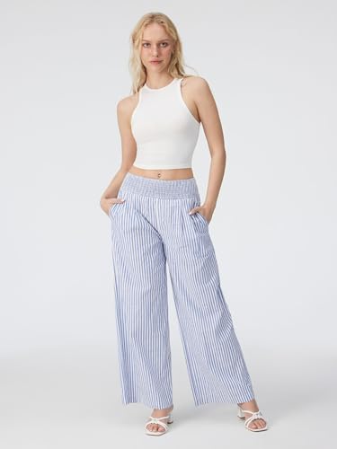 Image of CIDER Palazzo Pants for Women Wide Leg Flowy Pants with Pockets Elastic Mid Waist Summer Beach Vacation Outfits Lightweight