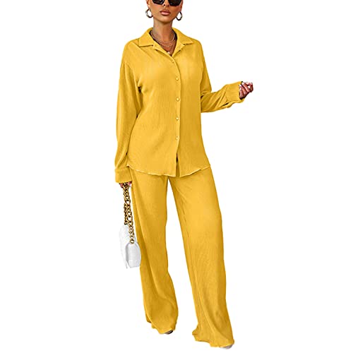 Kaimimei Casual 2 Piece Outfit For Women - Linen Long Sleeve Button Down Shirt + Flare Pleated Wide Leg Pants Sets Streetwear #TOP2