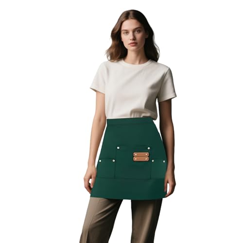 Kaslaider Half Waist Apron, Short Half Pinny with 3 Pockets, Waterproof Half-Waist Work Apron, Waiter Waitress Catering Serving Waist Apron, Unisex Kitchen Chef Cooking Half Aprons (Dark Green)