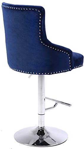 Meridian Furniture Claude Collection Modern | Contemporary Velvet Upholstered Adjustable Bar | Counter Stool With Polished Chrome Metal Base, 20.5" W X 22" D X 42"-50" H, Navy #TOP4