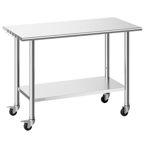 VEVOR Table de Travail Cuisine Professionnelle, Table Centrale INOX 122x61 cm 2 Niveaux, pour Préparation Café Hôtel Restaurant Boulangerie Atelier, Poste...