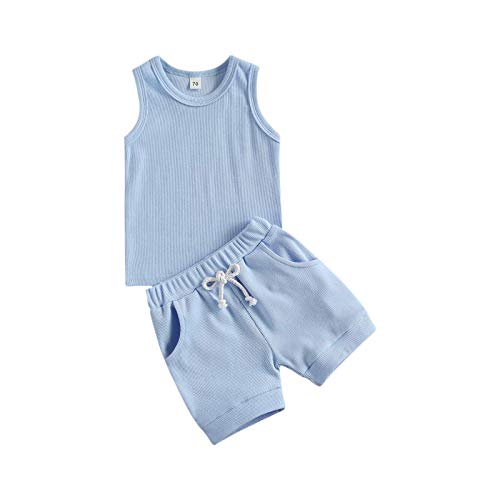 Toddler Baby Boy Sleeveless Outfit Summer Shorts Set Cotton Tank Top + Solid Short Clothes Set (Blue,2-3 T)