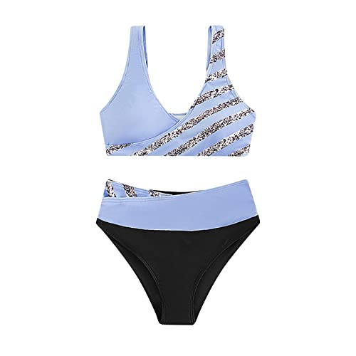 Conjunto de bikini elegante de dos piezas para mujer, bikini deportivo para mujer, traje de baño de neopreno, bikini para mujeres con curvas, tanga, Azul claro., M