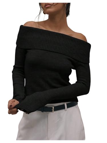 Women's Y2k Off The Shoulder Sweaters Fold Over Long Sleeve Knit Jumper Fitted Pullover Tops
