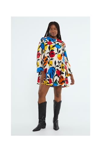 Robe courte évasée à manches longues à motif imprimé feuilles légères