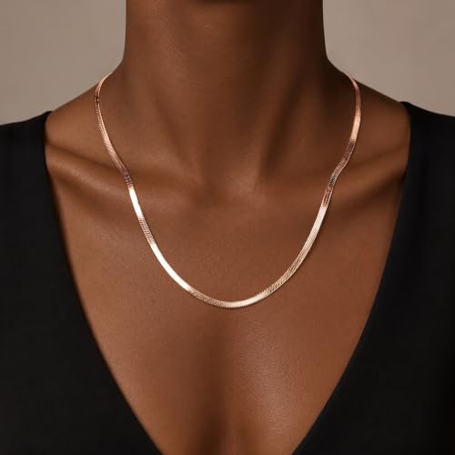 Dainty Rose Gold Stack Herringbone Necklace for Women – Rose Gold Dainty Snake Chain Choker, Trendy Simple Long Layered Jewelry Non Tarnish, 14, 16, 18 Inch Thin & Chunky Options, Gift for Her by WomenGifts - Used condition - Image 2