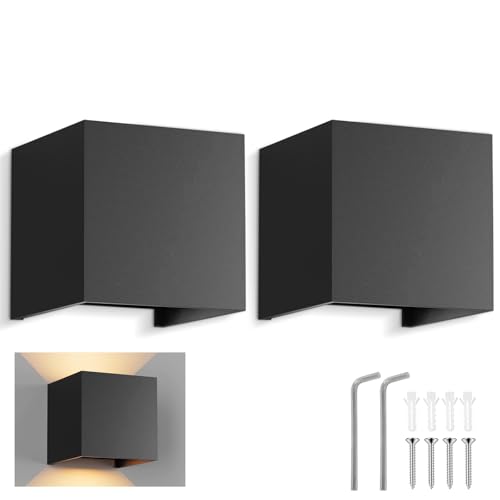 YPLONON 2 lámparas de pared LED para exteriores interiores de 12 W, diseño moderno, IP65, impermeable de aluminio, luz 3000 K, color blanco cálido, ajustable, superior y bajo, para salón, terraza,