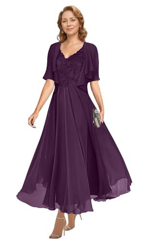 2 Pieces Mother of The Bride Dress for Wedding Short Sleeve Lace Chiffon Formal Evening Dress
