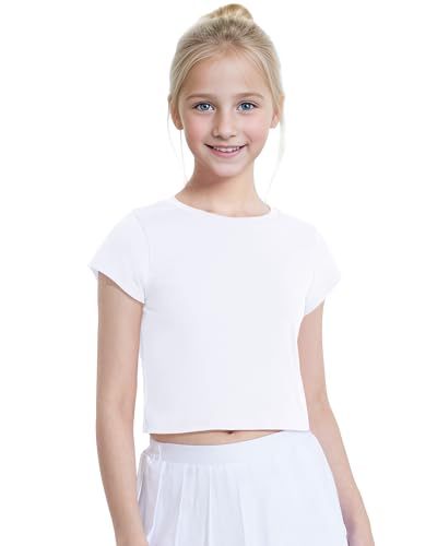 Auranso Girls Crop Tops Summer Short Sleeve Round Neck T Shirts Basic Tee For Kids White 9-10 Years cover