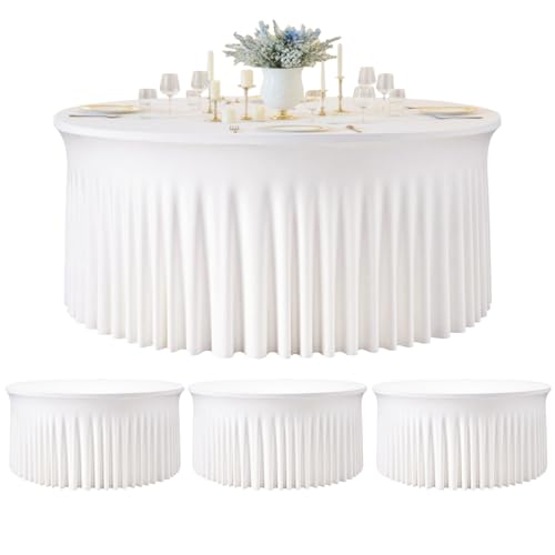 Hietaap Paquete de 4 manteles redondos de elastano blanco, elástico ajustable de 120 pulgadas con falda para bodas, fiestas, cenas, banquetes