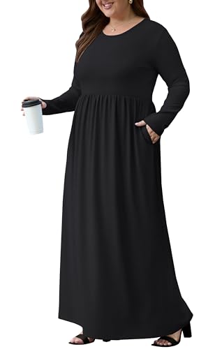 OLRIK Womens Plus Size Maxi Dresses for Curvy Women Fall 2025 Casual Long Sleeve Long Dress with Pockets 1X-5X4