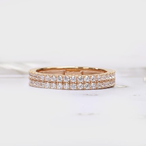 DoubleAccent 14K Rose Gold Plated Sterling Silver Ring Round CZ Stone High End 2 Row Stackable Eternity Ring (Size 5 to 9)2