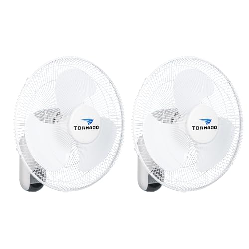 Tornado 2 Pack 16" 3-Speed Oscillating Wall Mount Fan with Remote Control, Timer and Adjustable Tilt, Ideal for Home, Bedroom & Office, UL Safety Listed, White