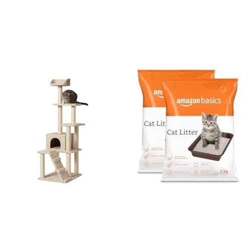 Image of Amazon Basics X-Large. Cat Tree with Multiple Towers - 24 x 61 x 19 Inches, Beige & AmazonBasics Scoopable Bentonite Cat Litter, Unscented, 5Kg Pack of 2