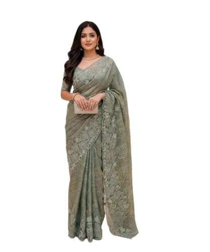 Sari en satin de haute qualité couleur bleu ciel habillé de broderies dorées