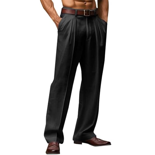 Mens Pleated Work Dress Pants Regular Fit Belt Waist Business Suit Pant Cotton Linen Wide Leg Office Lounge Trousers