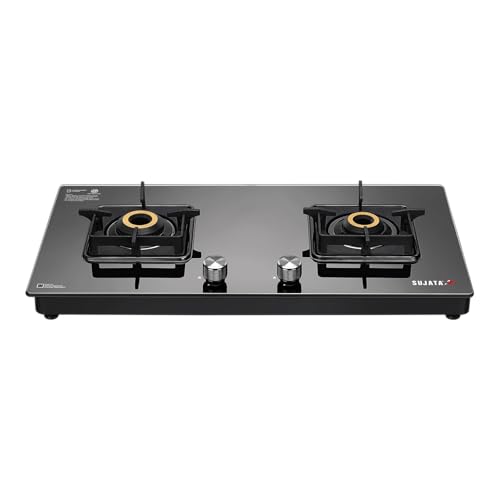 Image of Sujata Premium Gas Stove 2 Burners Glass Top | 9 Years Warranty | Gas Stove with Jumbo Brass Burners | SABAF Technology | ISI Certified | LPG & PNG Compatible | 360 Rotating Brass Nozzle (Black)